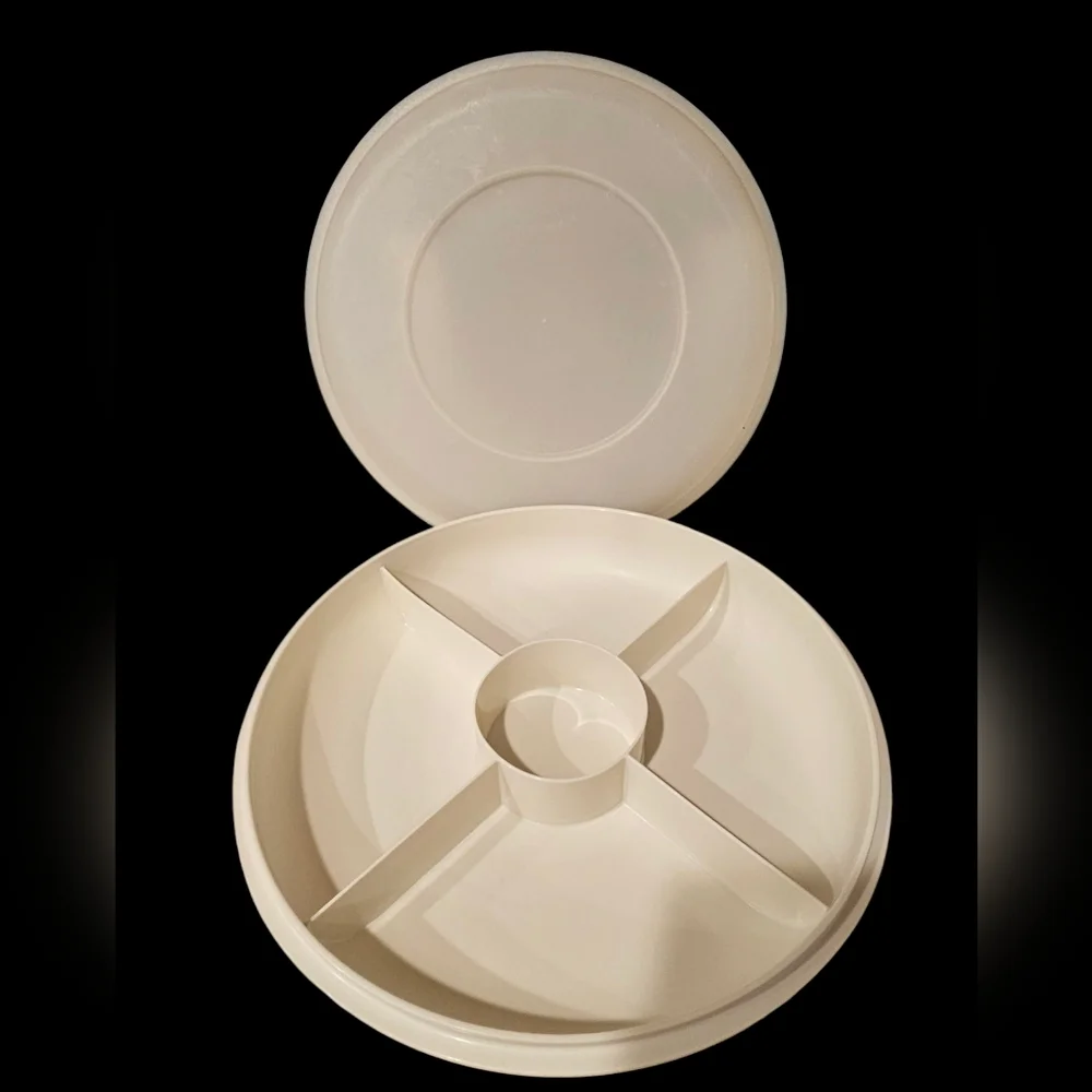 Vintage Tupperware‎ Cream Divided Serving Tray with Lid